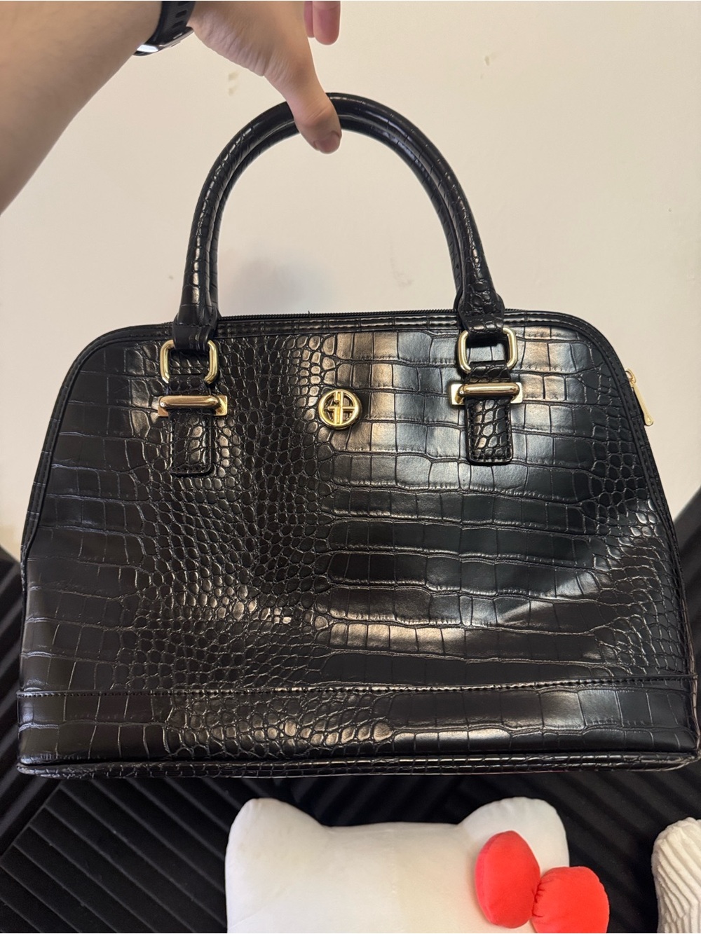 Source Unknown Black Croc-Embossed Satchel with Gold Hardware